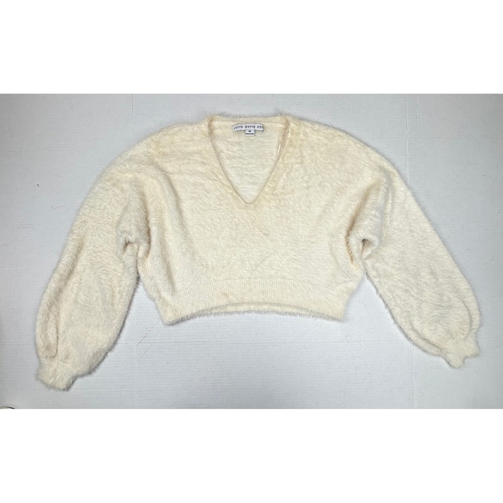 HYFVE Cream Fuzzy V Neck Cropped Sweater Balloon Sleeve Medium Y2K Coquette EUC